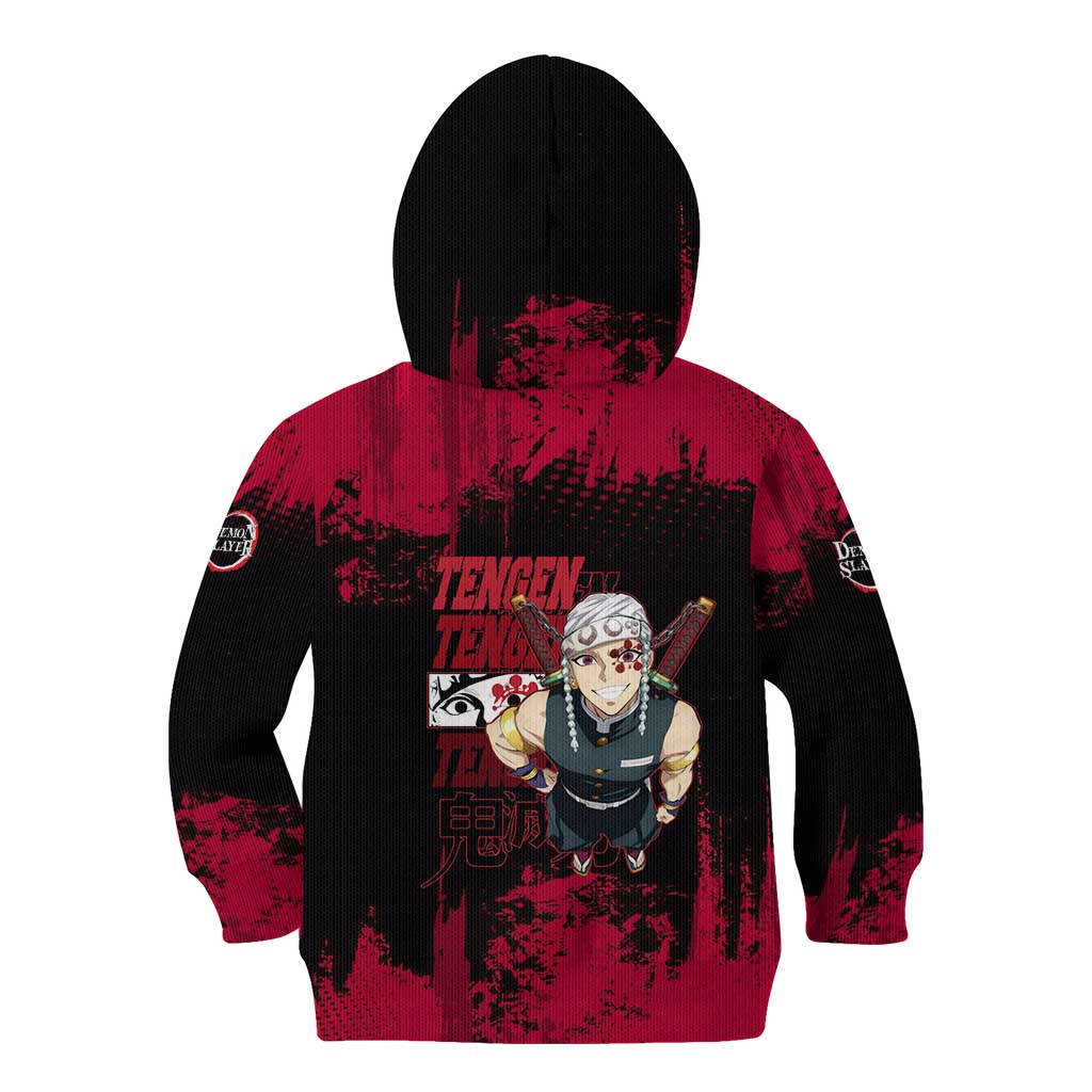 Tengen Uzui Demon Slayer Flashy Red Grunge Design Kid Hoodie with Eye Detail and Dual Sword Pose - The Mazicc