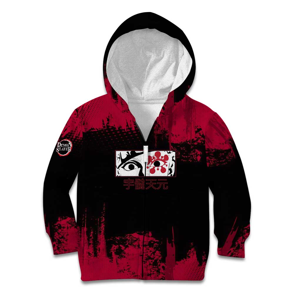 Tengen Uzui Demon Slayer Flashy Red Grunge Design Kid Hoodie with Eye Detail and Dual Sword Pose - The Mazicc