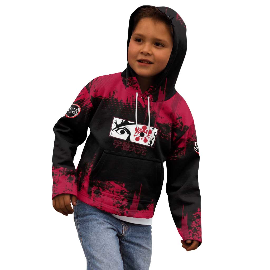 Tengen Uzui Demon Slayer Flashy Red Grunge Design Kid Hoodie with Eye Detail and Dual Sword Pose - The Mazicc