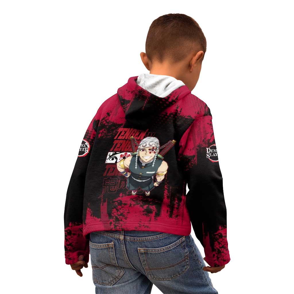 Tengen Uzui Demon Slayer Flashy Red Grunge Design Kid Hoodie with Eye Detail and Dual Sword Pose - The Mazicc