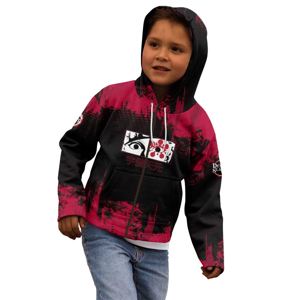 Tengen Uzui Demon Slayer Flashy Red Grunge Design Kid Hoodie with Eye Detail and Dual Sword Pose - The Mazicc