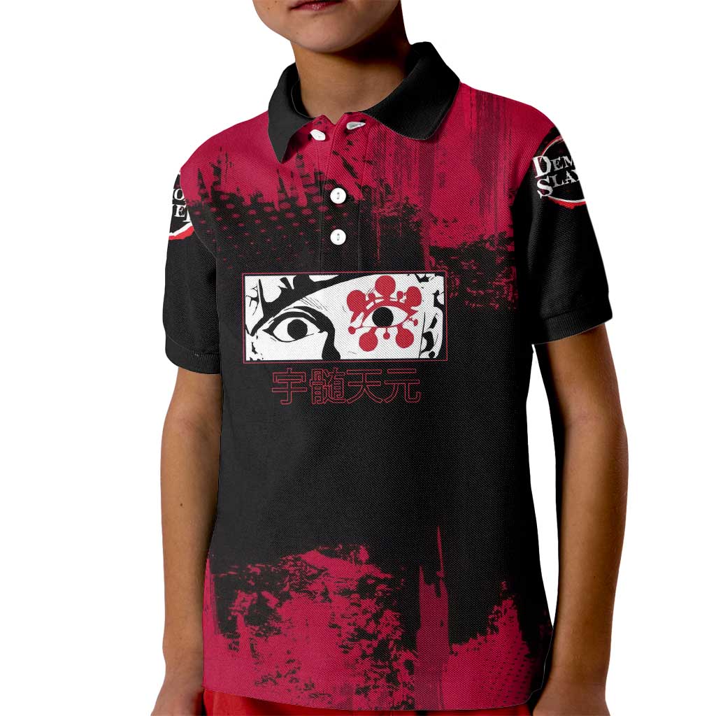Tengen Uzui Demon Slayer Flashy Red Grunge Design Kid Polo Shirt with Eye Detail and Dual Sword Pose - The Mazicc