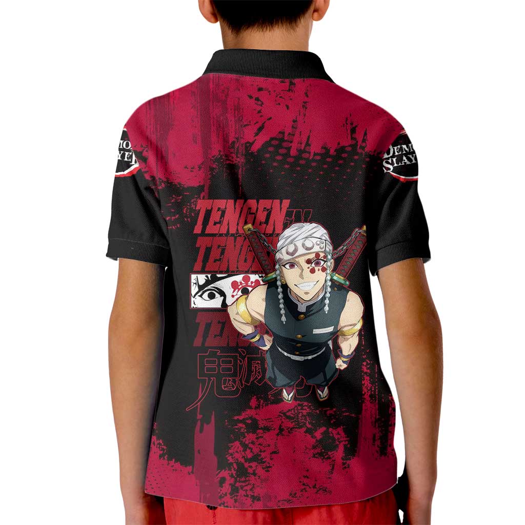 Tengen Uzui Demon Slayer Flashy Red Grunge Design Kid Polo Shirt with Eye Detail and Dual Sword Pose - The Mazicc
