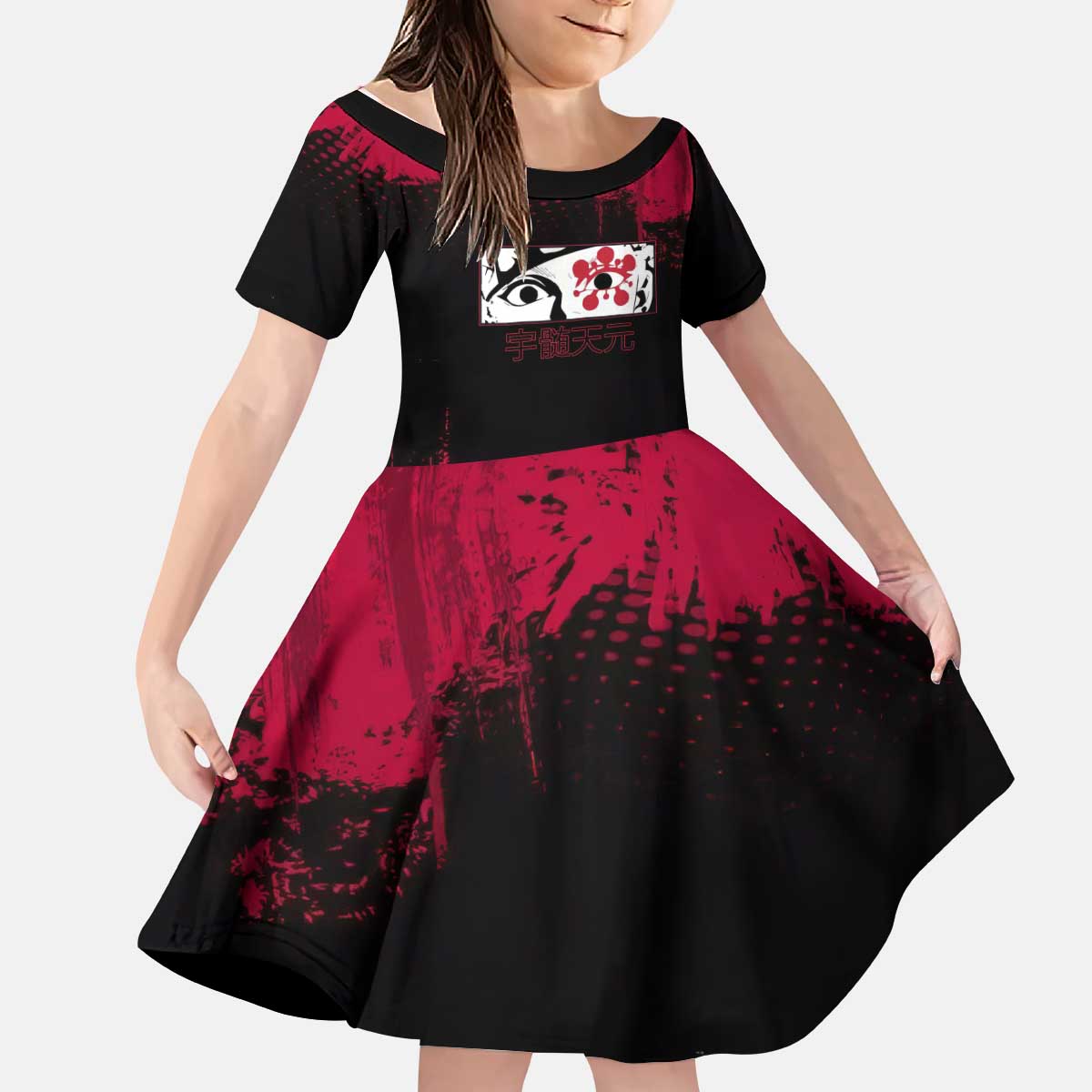 Tengen Uzui Demon Slayer Flashy Red Grunge Design Kid Short Sleeve Dress with Eye Detail and Dual Sword Pose - The Mazicc
