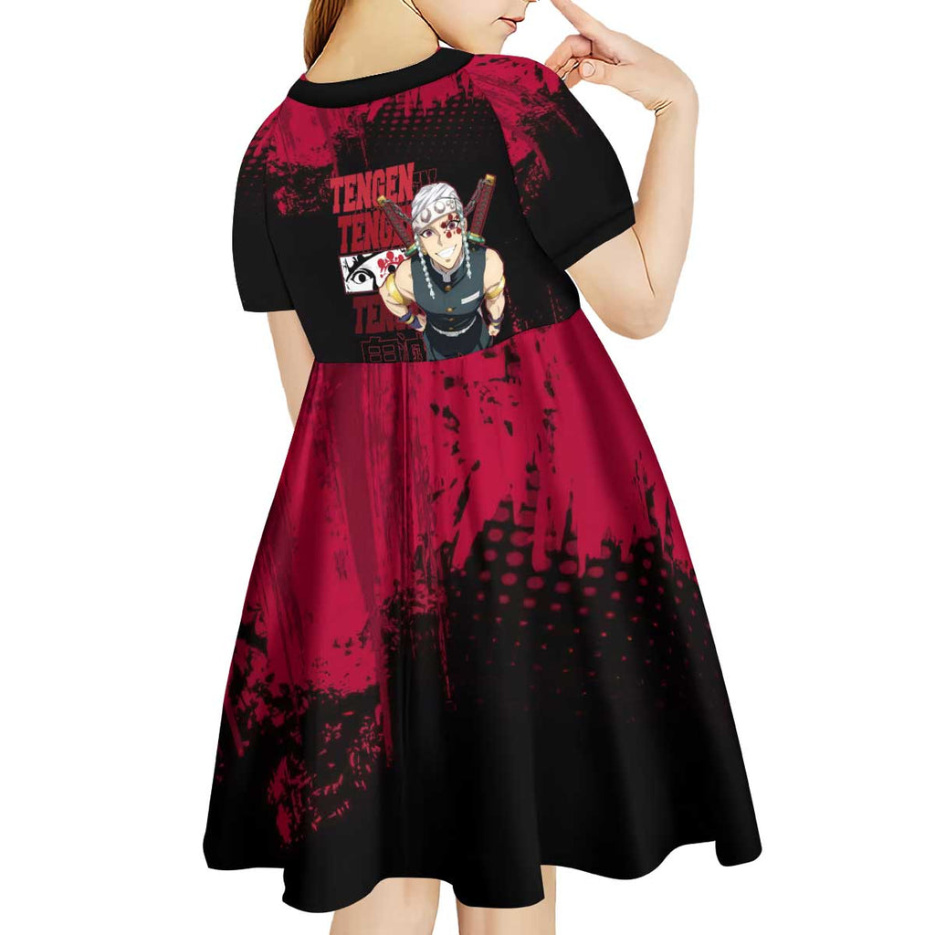 Tengen Uzui Demon Slayer Flashy Red Grunge Design Kid Short Sleeve Dress with Eye Detail and Dual Sword Pose - The Mazicc
