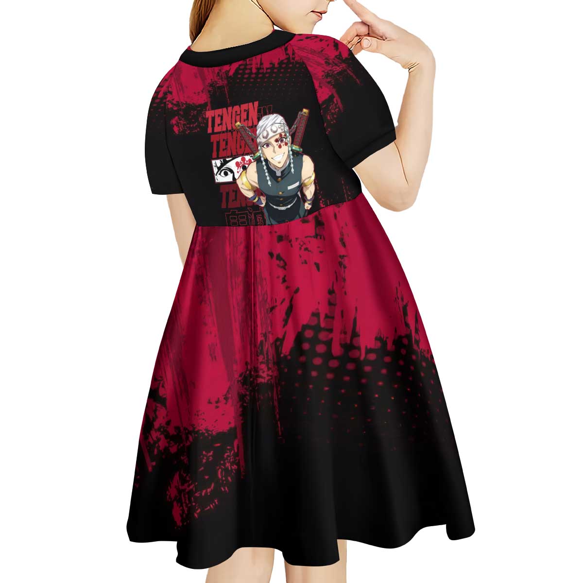 Tengen Uzui Demon Slayer Flashy Red Grunge Design Kid Short Sleeve Dress with Eye Detail and Dual Sword Pose - The Mazicc