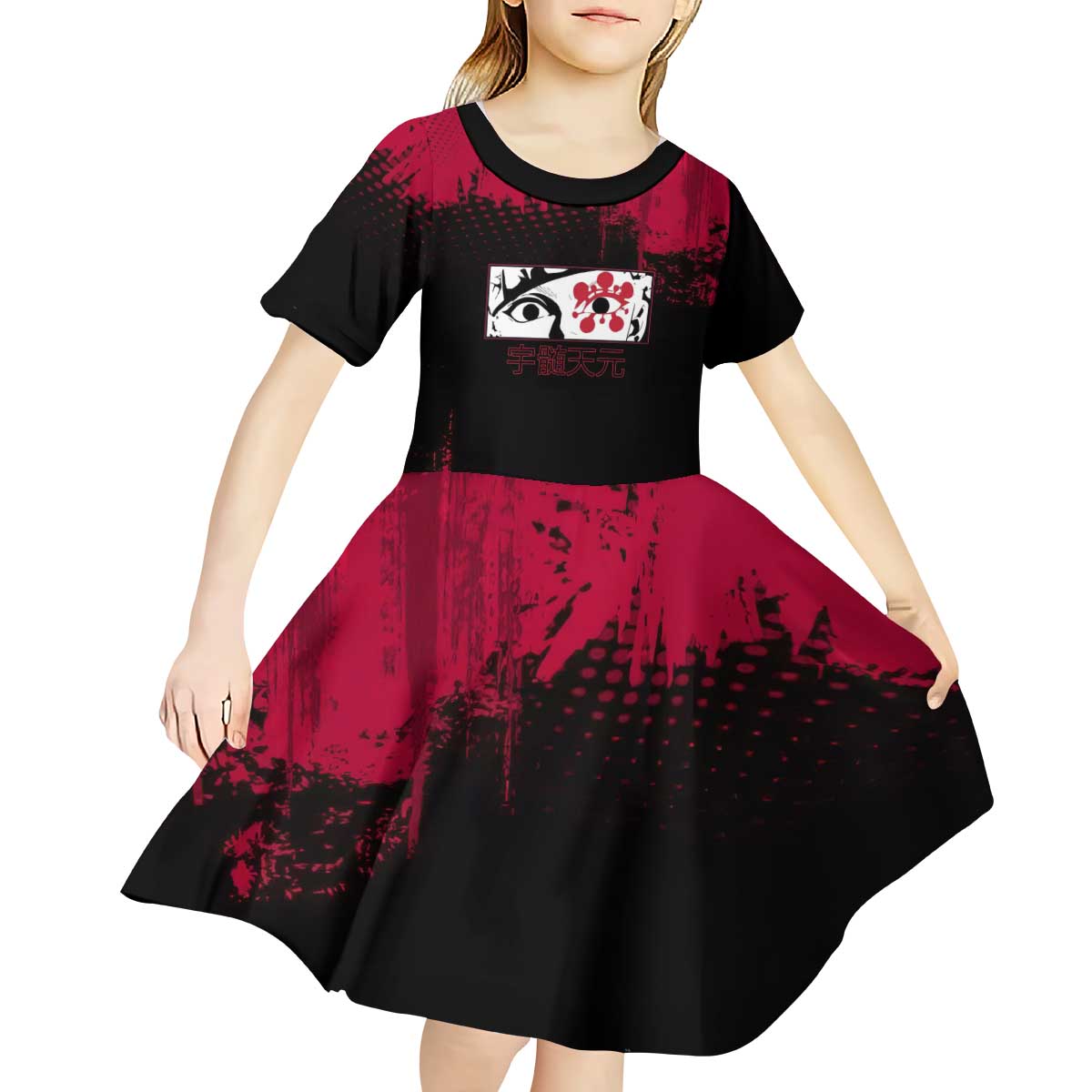 Tengen Uzui Demon Slayer Flashy Red Grunge Design Kid Short Sleeve Dress with Eye Detail and Dual Sword Pose - The Mazicc
