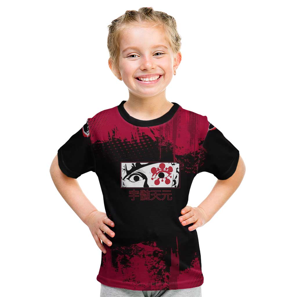 Tengen Uzui Demon Slayer Flashy Red Grunge Design Kid T Shirt with Eye Detail and Dual Sword Pose - The Mazicc