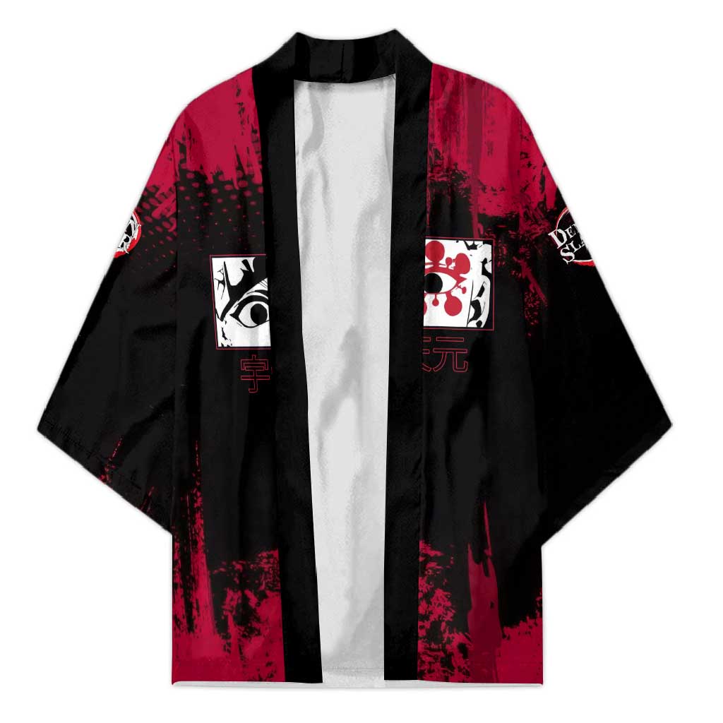 Tengen Uzui Demon Slayer Flashy Red Grunge Design Kimono with Eye Detail and Dual Sword Pose - The Mazicc