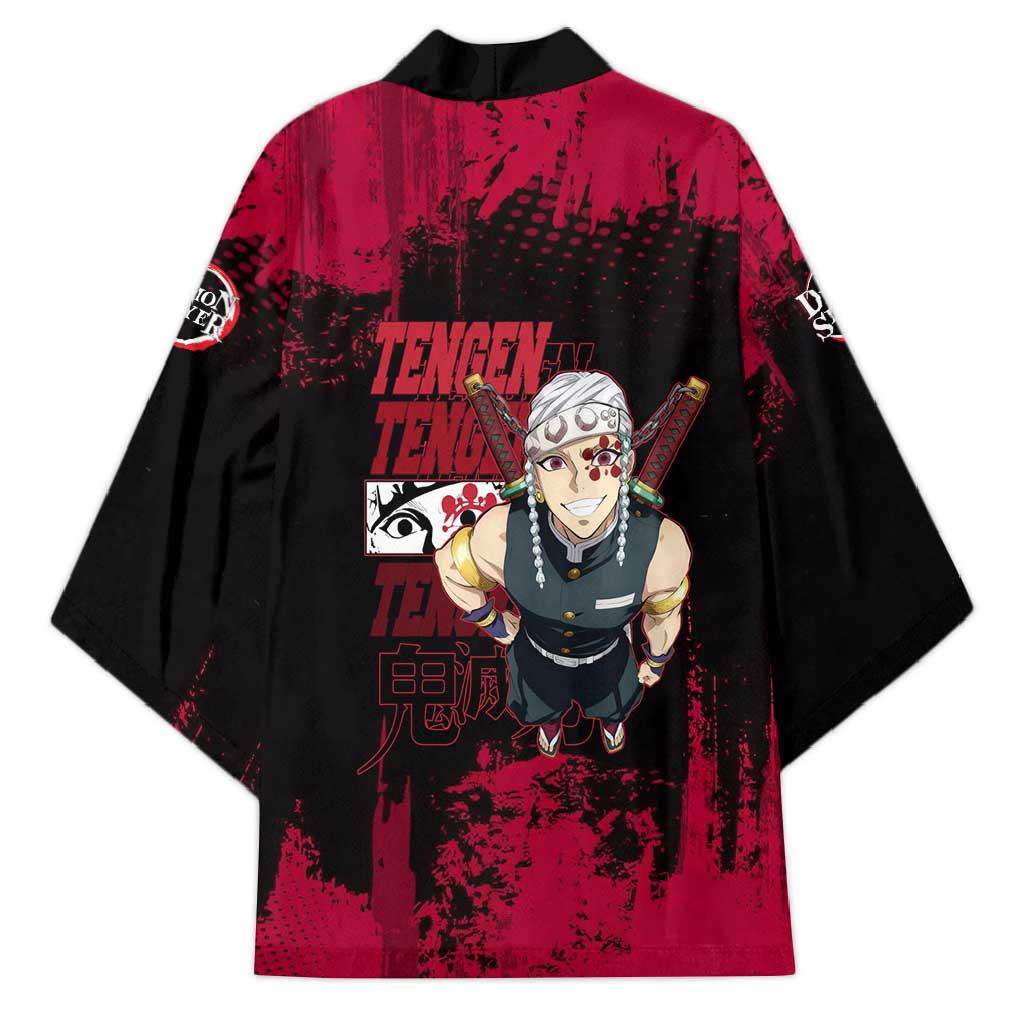 Tengen Uzui Demon Slayer Flashy Red Grunge Design Kimono with Eye Detail and Dual Sword Pose - The Mazicc