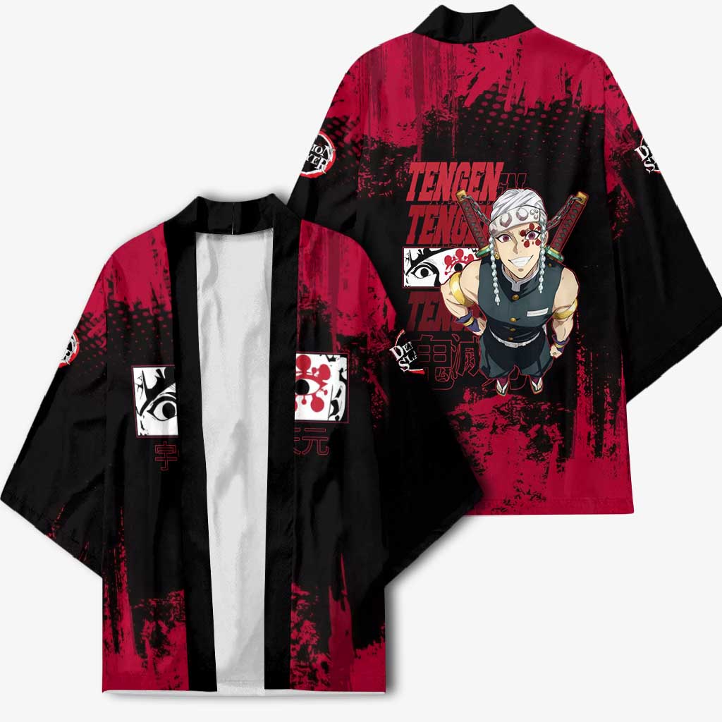 Tengen Uzui Demon Slayer Flashy Red Grunge Design Kimono with Eye Detail and Dual Sword Pose - The Mazicc