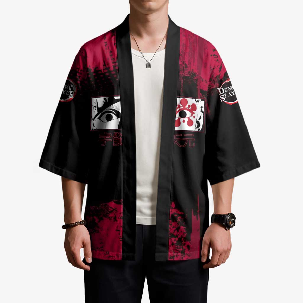 Tengen Uzui Demon Slayer Flashy Red Grunge Design Kimono with Eye Detail and Dual Sword Pose - The Mazicc