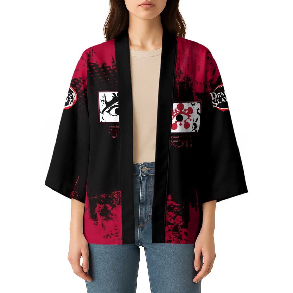 Tengen Uzui Demon Slayer Flashy Red Grunge Design Kimono with Eye Detail and Dual Sword Pose - The Mazicc