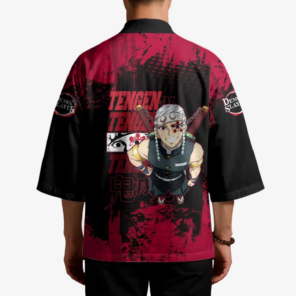 Tengen Uzui Demon Slayer Flashy Red Grunge Design Kimono with Eye Detail and Dual Sword Pose - The Mazicc