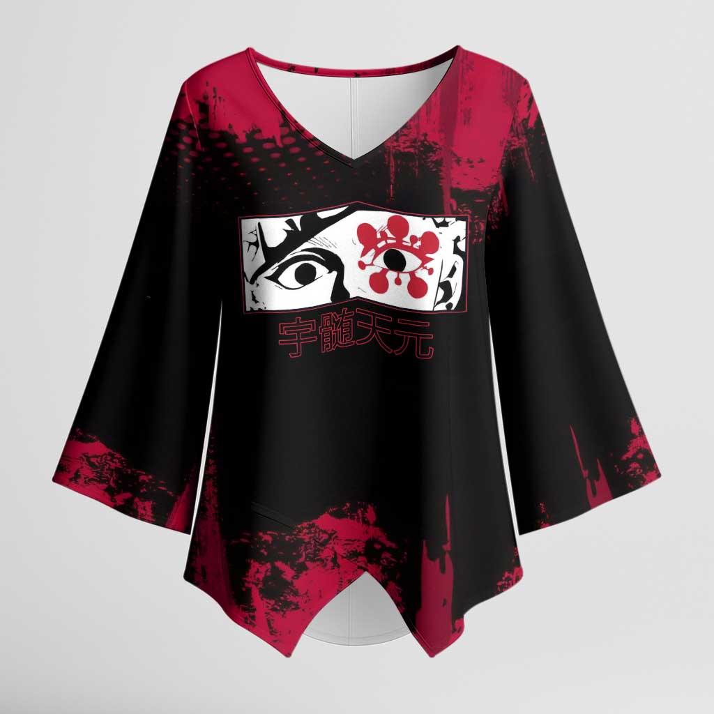 Tengen Uzui Demon Slayer Flashy Red Grunge Design Kimono Sleeve Blouse with Eye Detail and Dual Sword Pose - The Mazicc