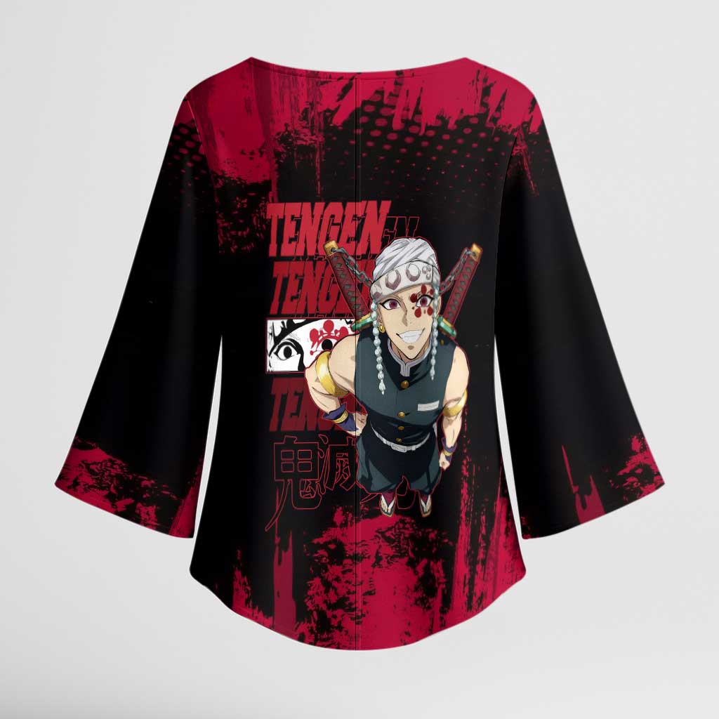 Tengen Uzui Demon Slayer Flashy Red Grunge Design Kimono Sleeve Blouse with Eye Detail and Dual Sword Pose - The Mazicc