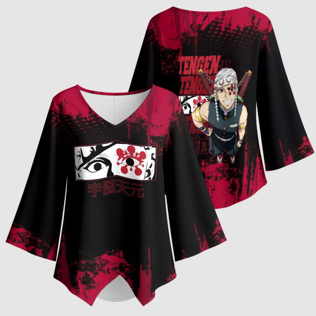 Tengen Uzui Demon Slayer Flashy Red Grunge Design Kimono Sleeve Blouse with Eye Detail and Dual Sword Pose - The Mazicc