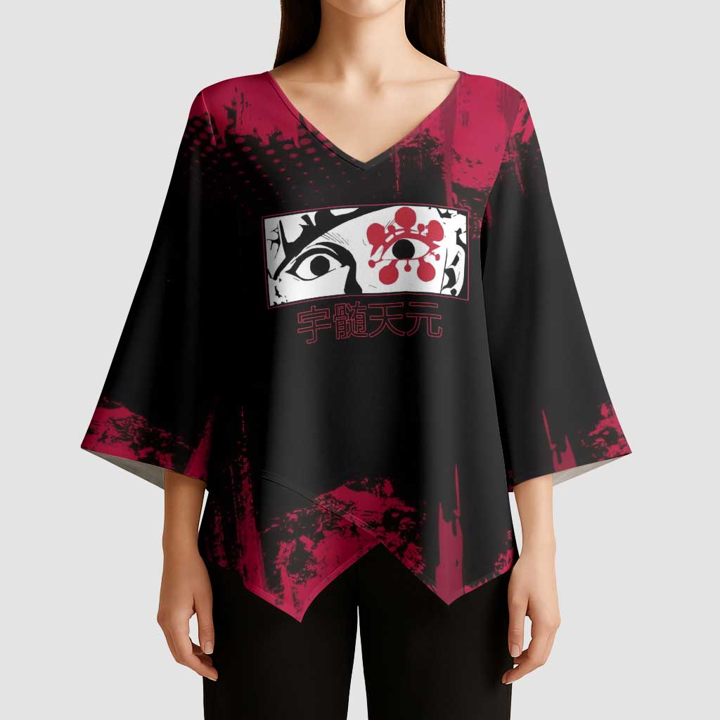 Tengen Uzui Demon Slayer Flashy Red Grunge Design Kimono Sleeve Blouse with Eye Detail and Dual Sword Pose - The Mazicc