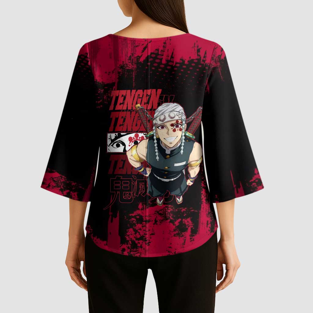 Tengen Uzui Demon Slayer Flashy Red Grunge Design Kimono Sleeve Blouse with Eye Detail and Dual Sword Pose - The Mazicc