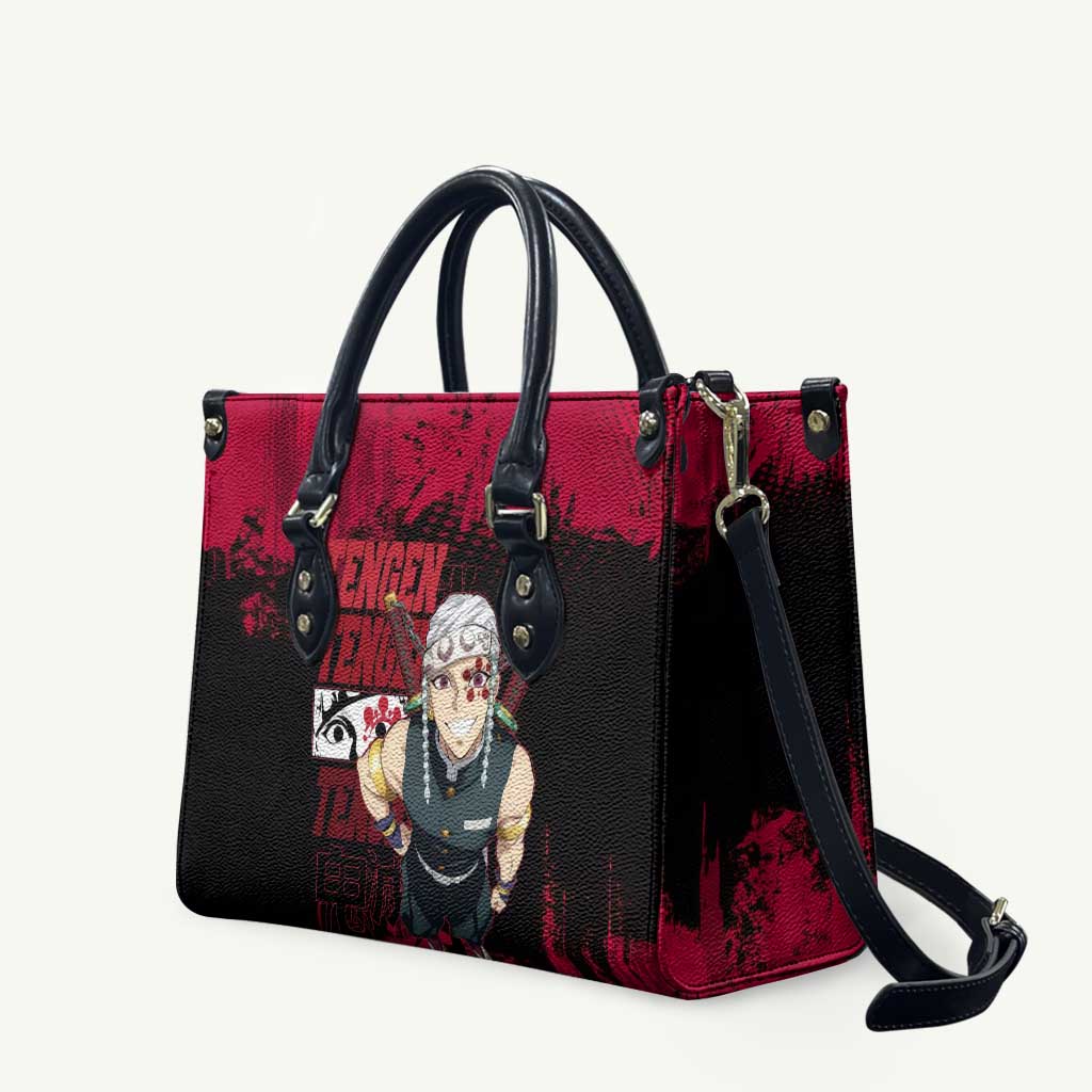 Tengen Uzui Demon Slayer Flashy Red Grunge Design Leather Bag with Eye Detail and Dual Sword Pose - The Mazicc