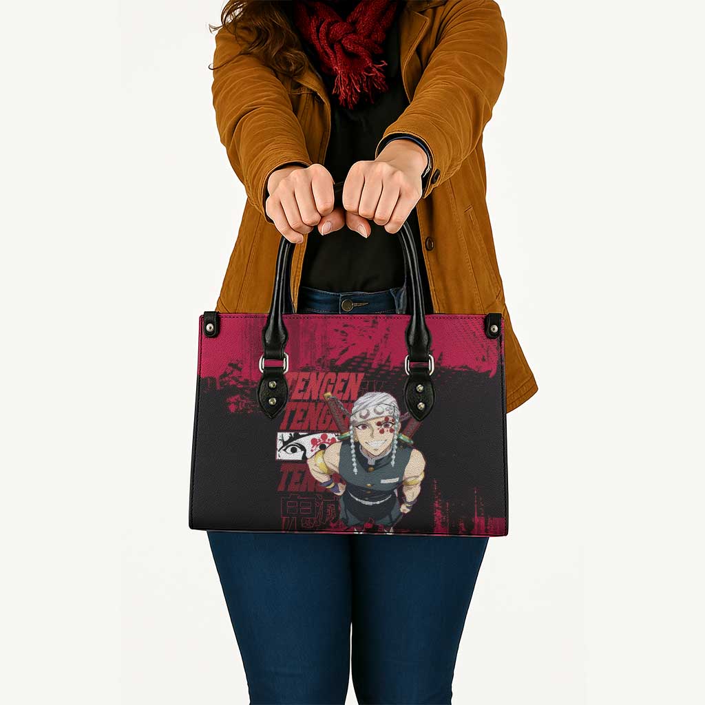 Tengen Uzui Demon Slayer Flashy Red Grunge Design Leather Bag with Eye Detail and Dual Sword Pose - The Mazicc