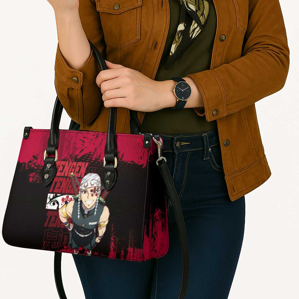 Tengen Uzui Demon Slayer Flashy Red Grunge Design Leather Bag with Eye Detail and Dual Sword Pose - The Mazicc