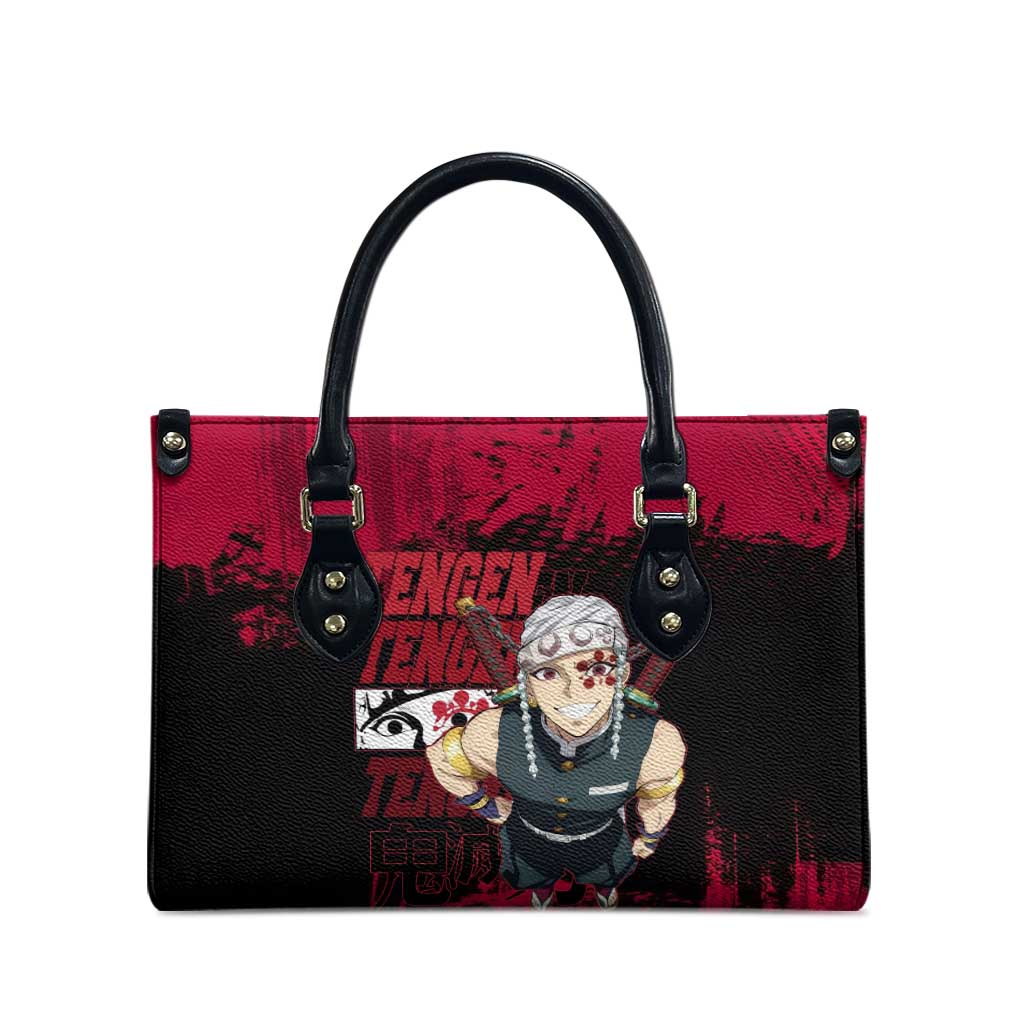Tengen Uzui Demon Slayer Flashy Red Grunge Design Leather Bag with Eye Detail and Dual Sword Pose - The Mazicc