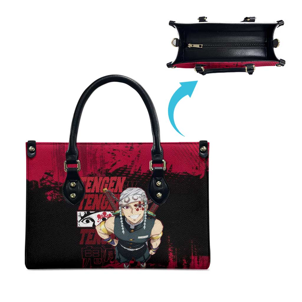 Tengen Uzui Demon Slayer Flashy Red Grunge Design Leather Bag with Eye Detail and Dual Sword Pose - The Mazicc