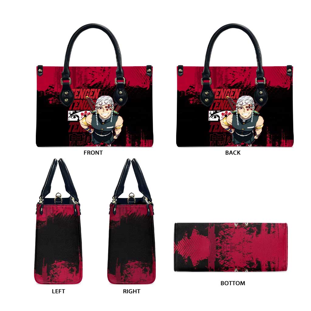 Tengen Uzui Demon Slayer Flashy Red Grunge Design Leather Bag with Eye Detail and Dual Sword Pose - The Mazicc