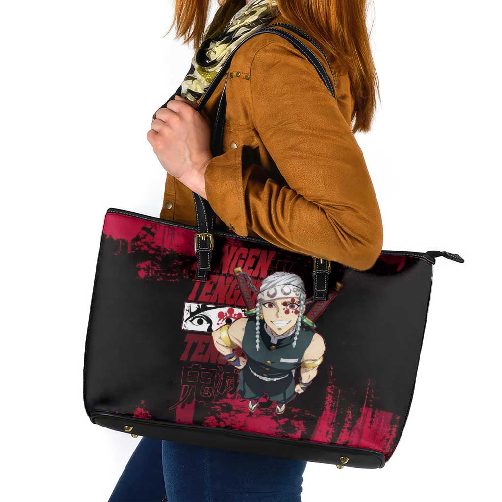Tengen Uzui Demon Slayer Flashy Red Grunge Design Leather Tote Bag with Eye Detail and Dual Sword Pose - The Mazicc