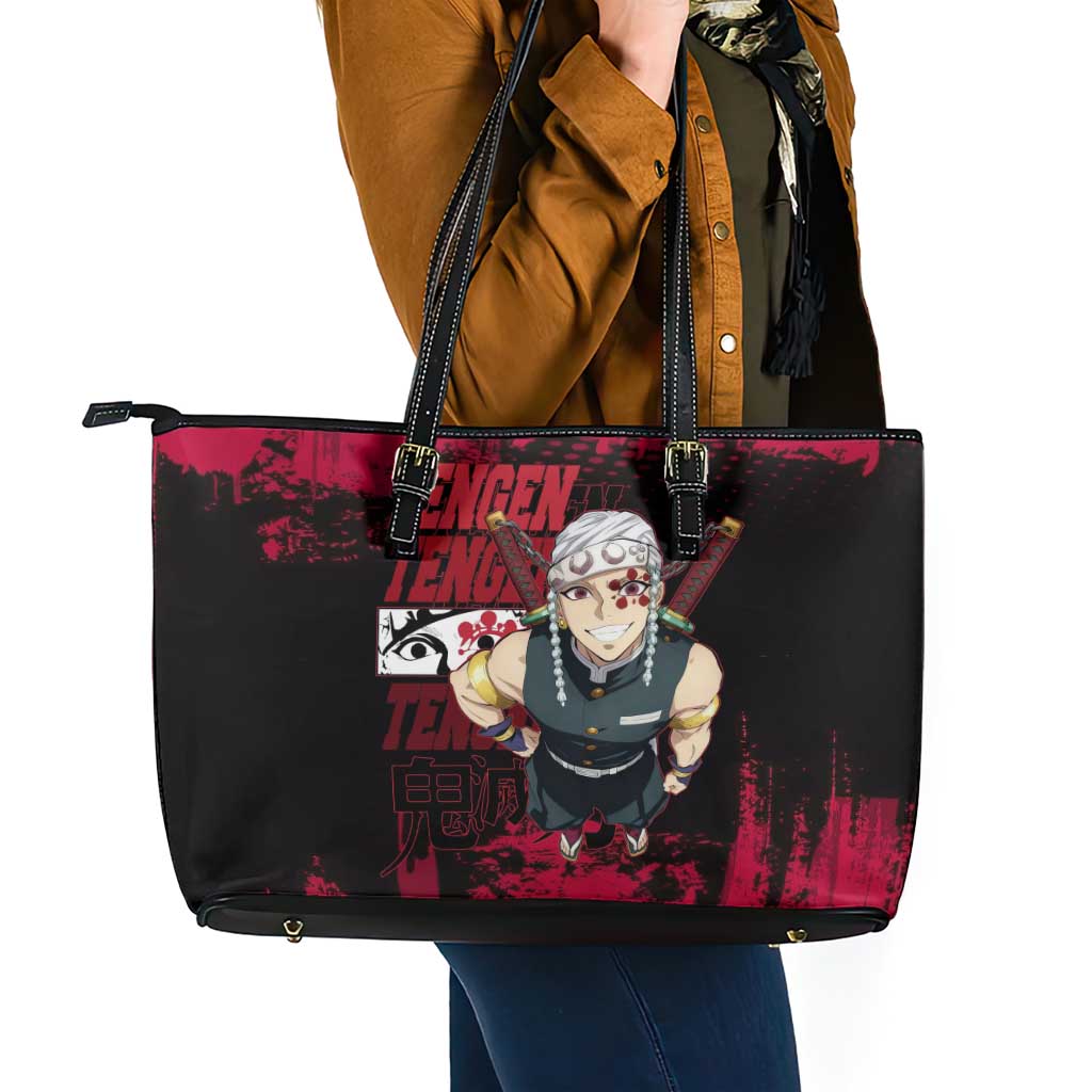 Tengen Uzui Demon Slayer Flashy Red Grunge Design Leather Tote Bag with Eye Detail and Dual Sword Pose - The Mazicc