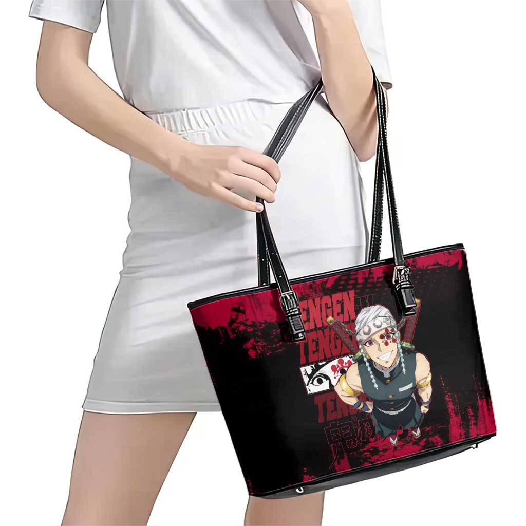 Tengen Uzui Demon Slayer Flashy Red Grunge Design Leather Tote Bag with Eye Detail and Dual Sword Pose - The Mazicc