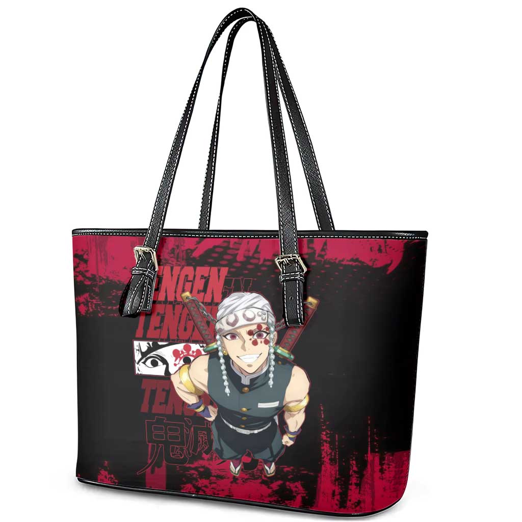 Tengen Uzui Demon Slayer Flashy Red Grunge Design Leather Tote Bag with Eye Detail and Dual Sword Pose - The Mazicc