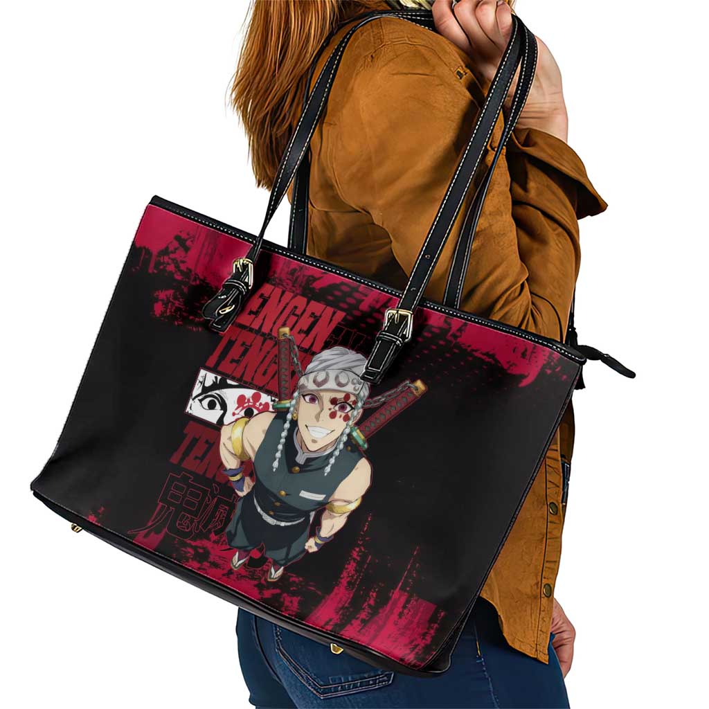 Tengen Uzui Demon Slayer Flashy Red Grunge Design Leather Tote Bag with Eye Detail and Dual Sword Pose - The Mazicc