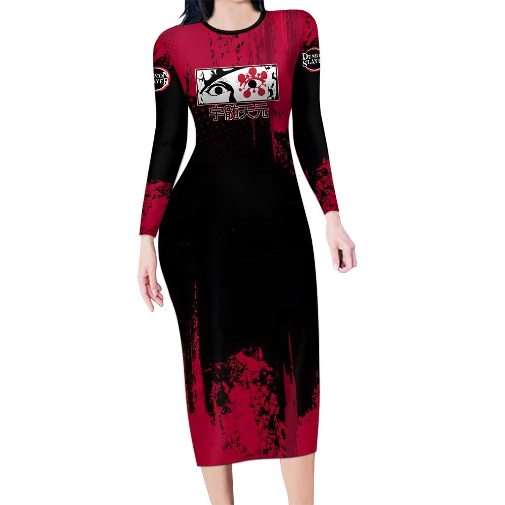 Tengen Uzui Demon Slayer Flashy Red Grunge Design Long Sleeve Bodycon Dress with Eye Detail and Dual Sword Pose - The Mazicc