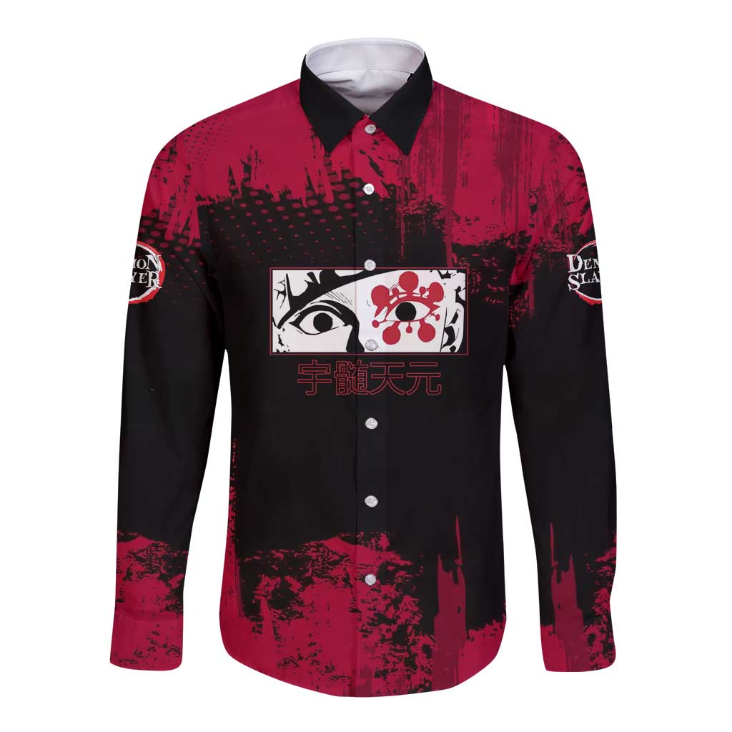 Tengen Uzui Demon Slayer Flashy Red Grunge Design Long Sleeve Button Shirt with Eye Detail and Dual Sword Pose - The Mazicc