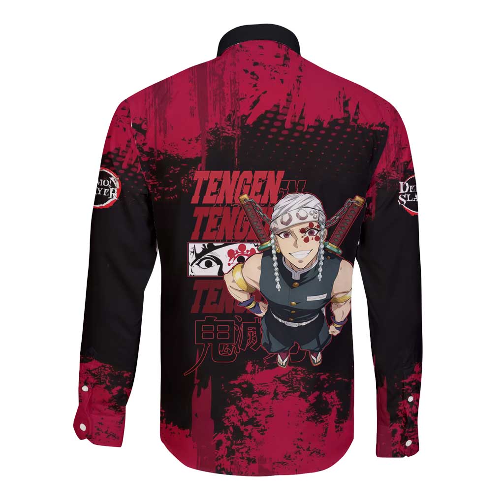 Tengen Uzui Demon Slayer Flashy Red Grunge Design Long Sleeve Button Shirt with Eye Detail and Dual Sword Pose - The Mazicc