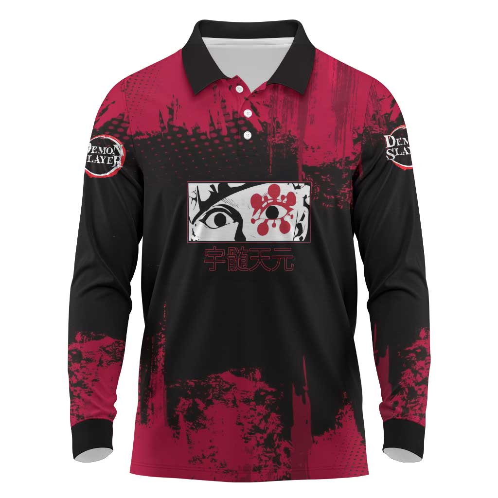 Tengen Uzui Demon Slayer Flashy Red Grunge Design Long Sleeve Polo Shirt with Eye Detail and Dual Sword Pose - The Mazicc