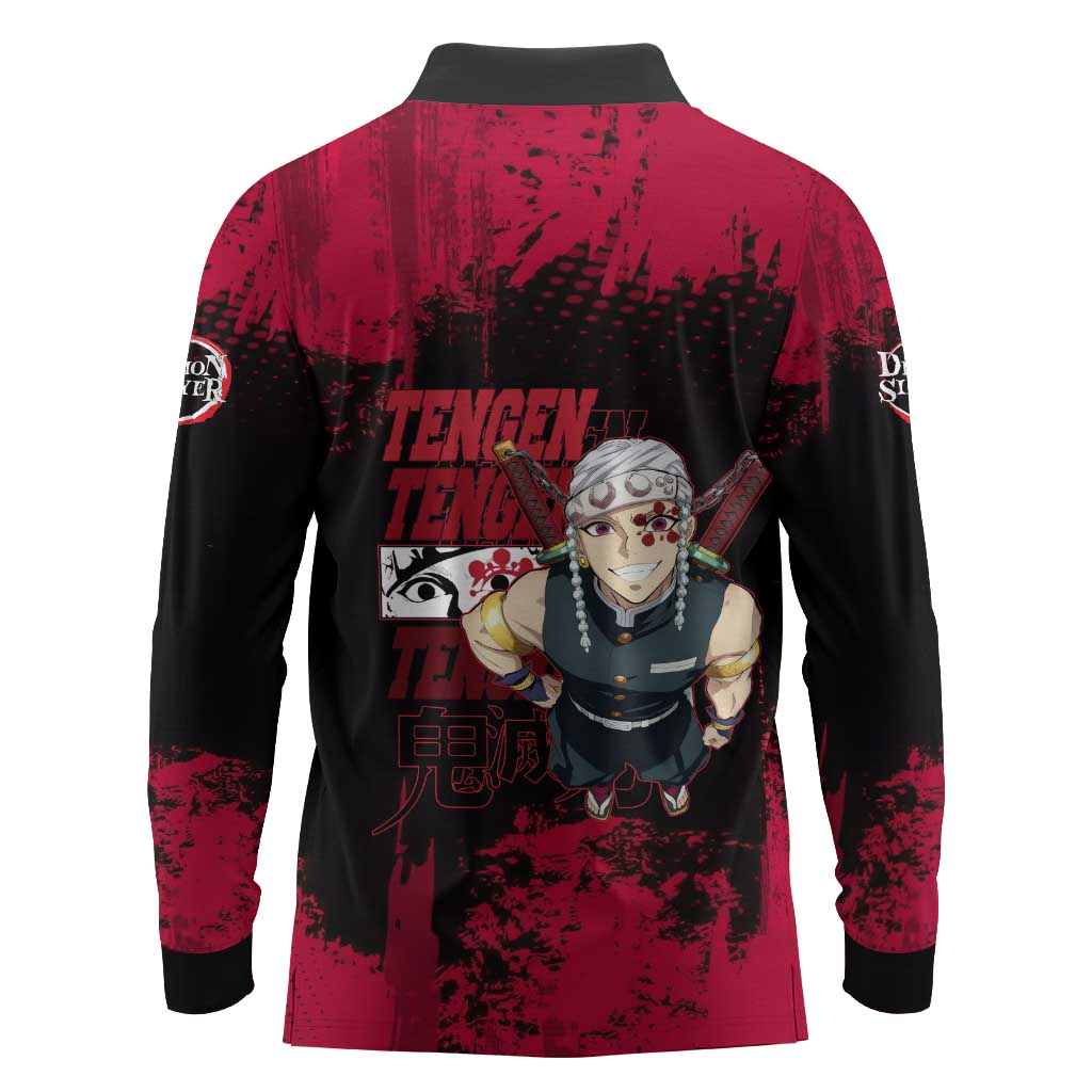 Tengen Uzui Demon Slayer Flashy Red Grunge Design Long Sleeve Polo Shirt with Eye Detail and Dual Sword Pose - The Mazicc