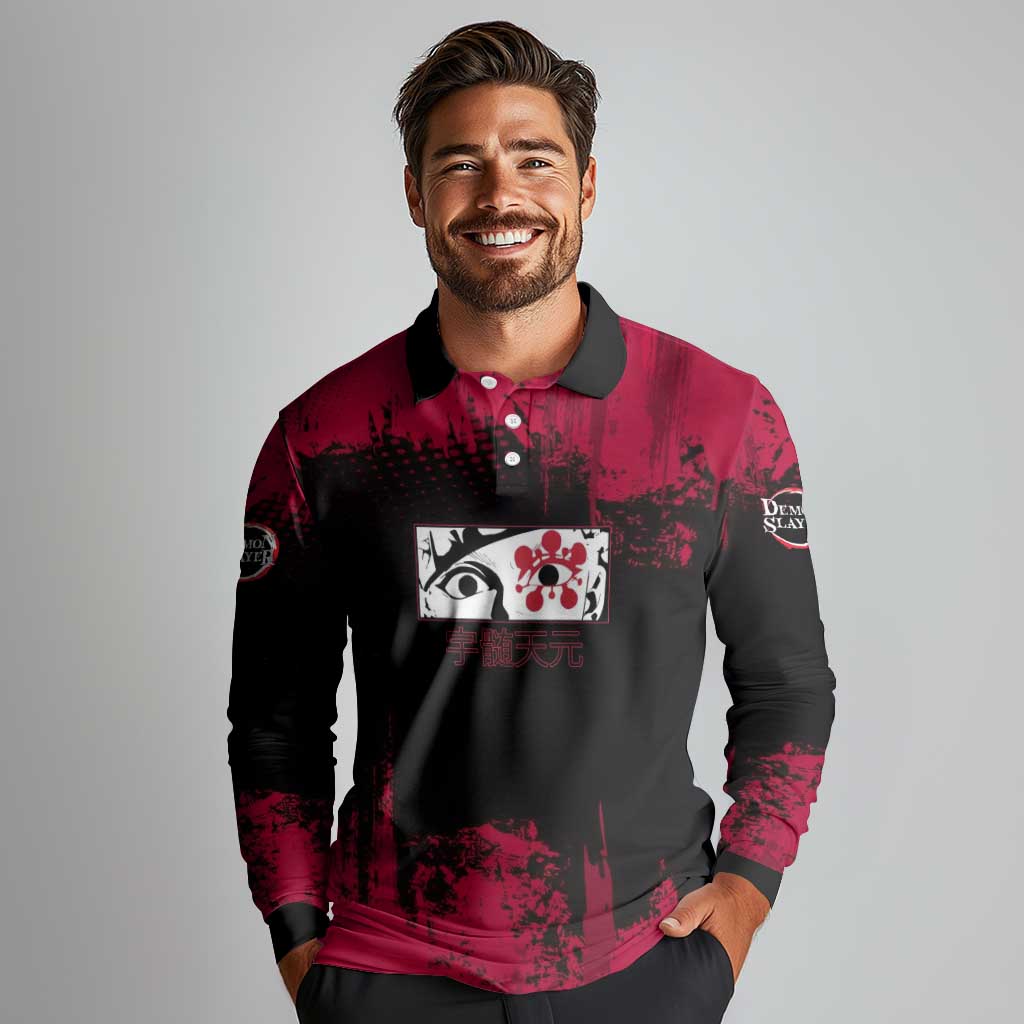Tengen Uzui Demon Slayer Flashy Red Grunge Design Long Sleeve Polo Shirt with Eye Detail and Dual Sword Pose - The Mazicc