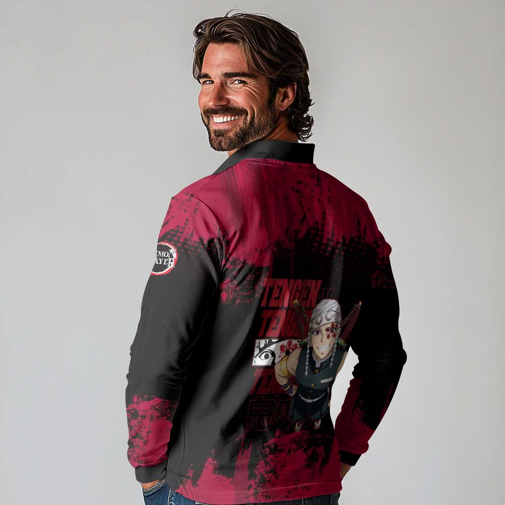 Tengen Uzui Demon Slayer Flashy Red Grunge Design Long Sleeve Polo Shirt with Eye Detail and Dual Sword Pose - The Mazicc
