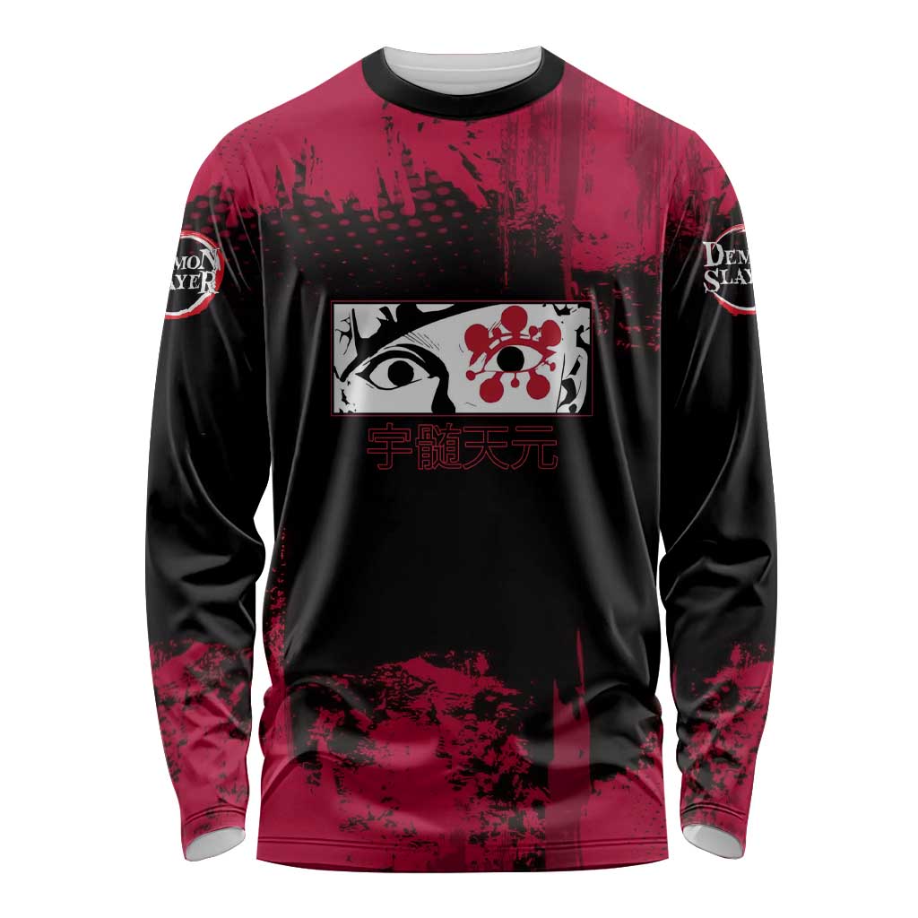 Tengen Uzui Demon Slayer Flashy Red Grunge Design Long Sleeve Shirt with Eye Detail and Dual Sword Pose - The Mazicc