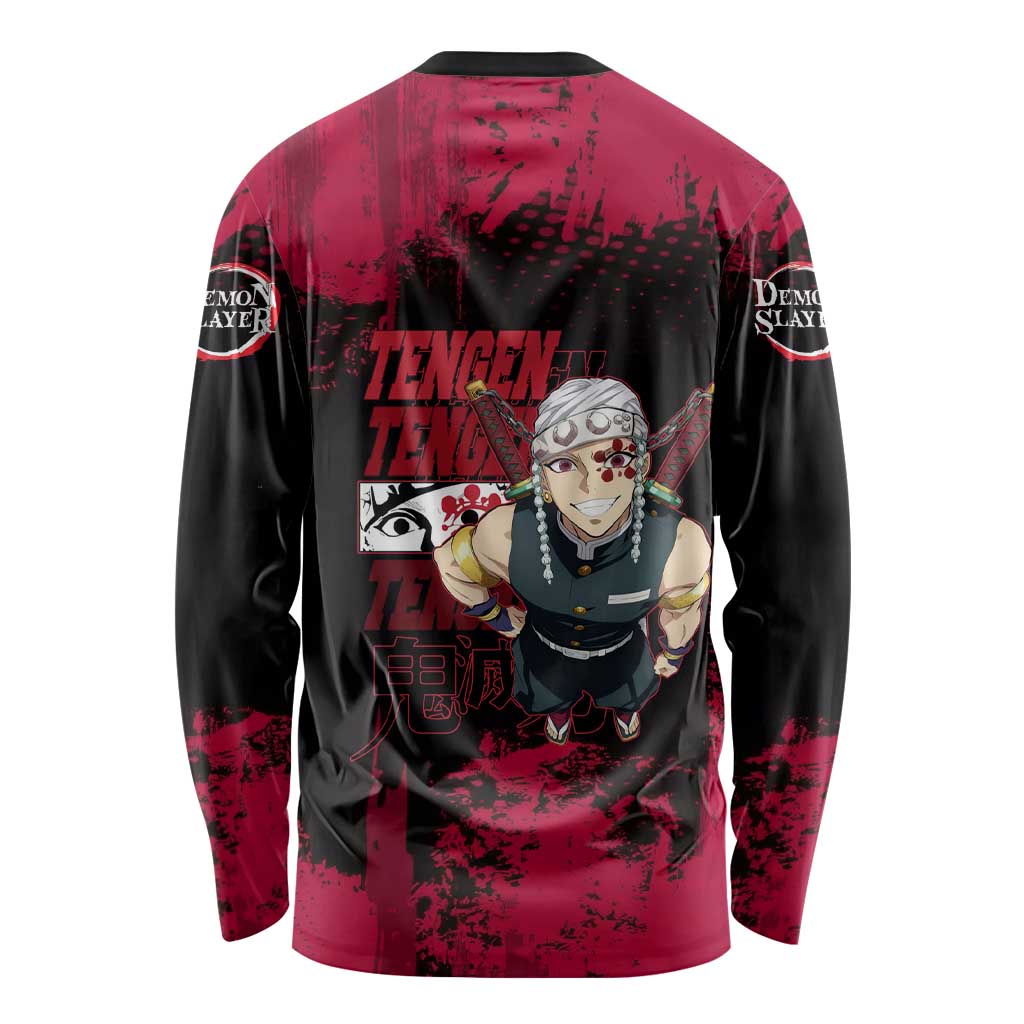 Tengen Uzui Demon Slayer Flashy Red Grunge Design Long Sleeve Shirt with Eye Detail and Dual Sword Pose - The Mazicc