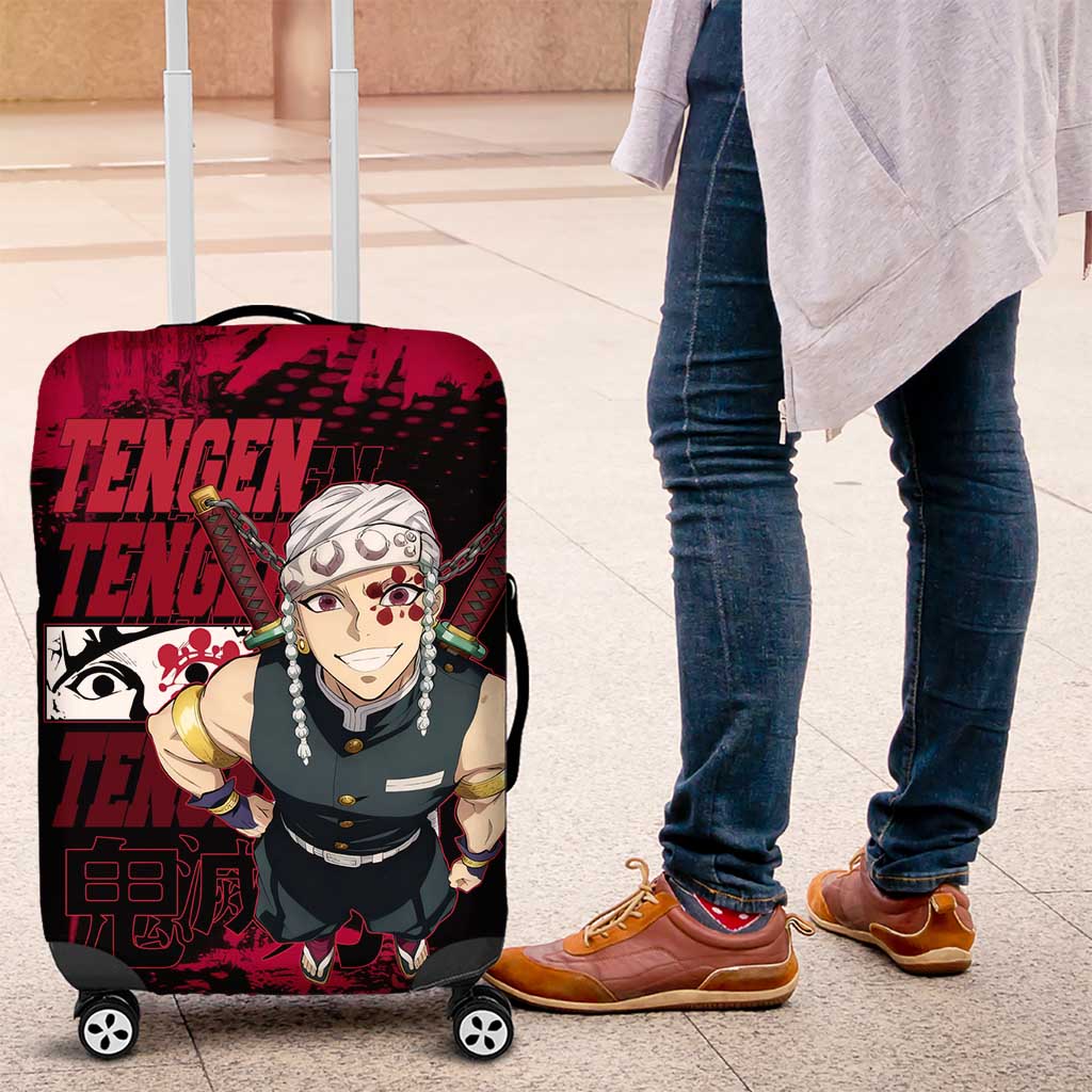 Tengen Uzui Demon Slayer Flashy Red Grunge Design Luggage Cover with Eye Detail and Dual Sword Pose - The Mazicc