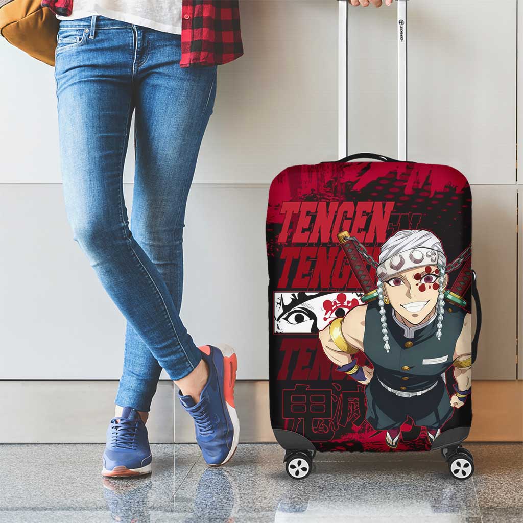 Tengen Uzui Demon Slayer Flashy Red Grunge Design Luggage Cover with Eye Detail and Dual Sword Pose - The Mazicc