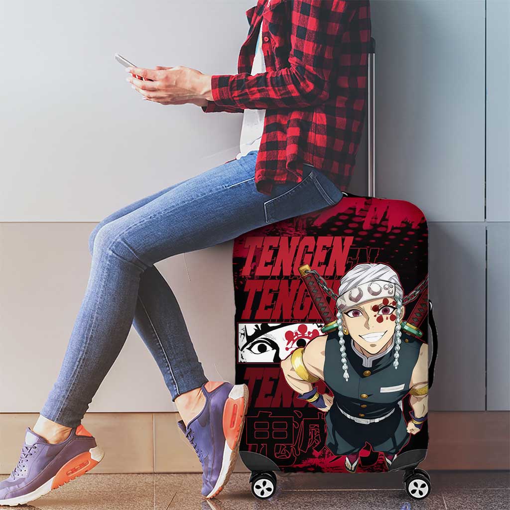 Tengen Uzui Demon Slayer Flashy Red Grunge Design Luggage Cover with Eye Detail and Dual Sword Pose - The Mazicc