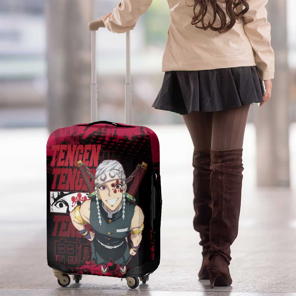 Tengen Uzui Demon Slayer Flashy Red Grunge Design Luggage Cover with Eye Detail and Dual Sword Pose - The Mazicc