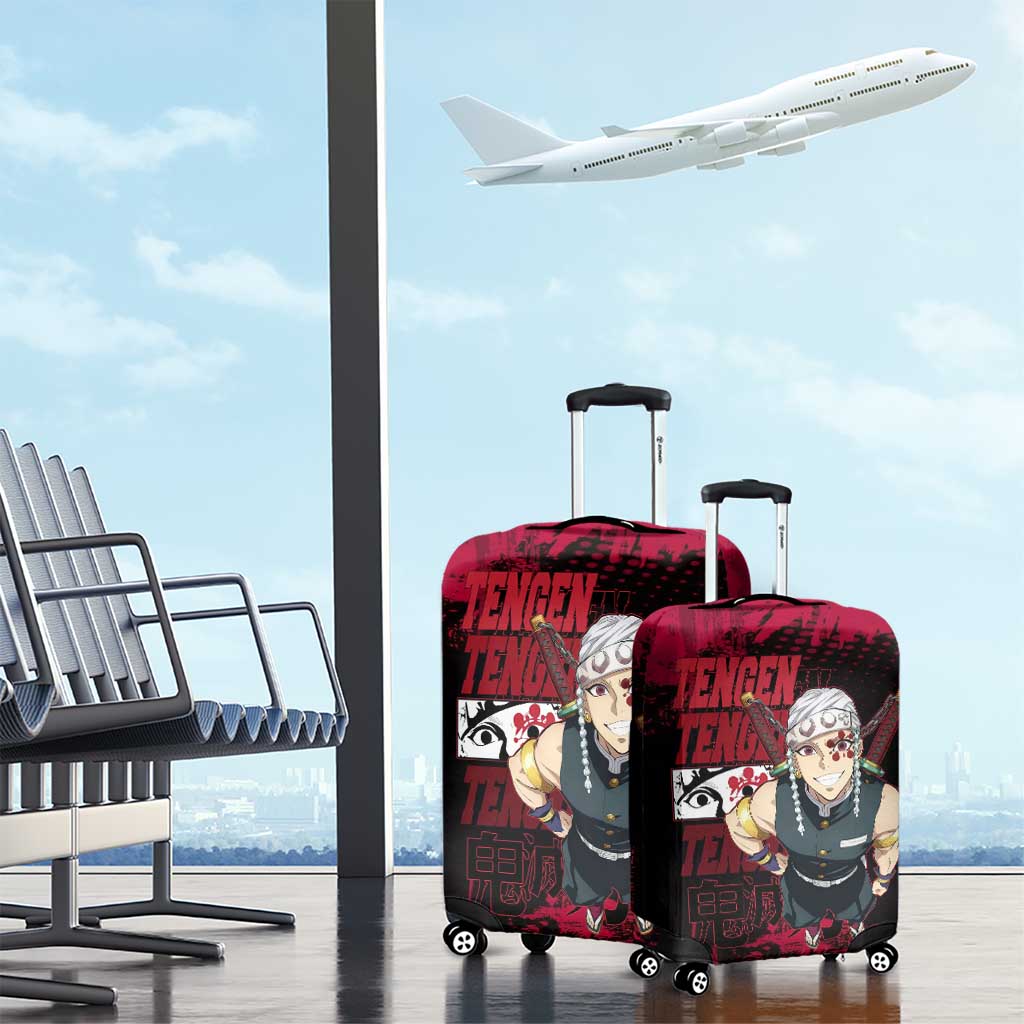 Tengen Uzui Demon Slayer Flashy Red Grunge Design Luggage Cover with Eye Detail and Dual Sword Pose - The Mazicc