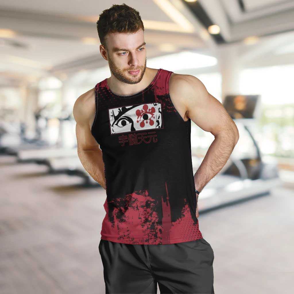 Tengen Uzui Demon Slayer Flashy Red Grunge Design Men Tank Top with Eye Detail and Dual Sword Pose - The Mazicc