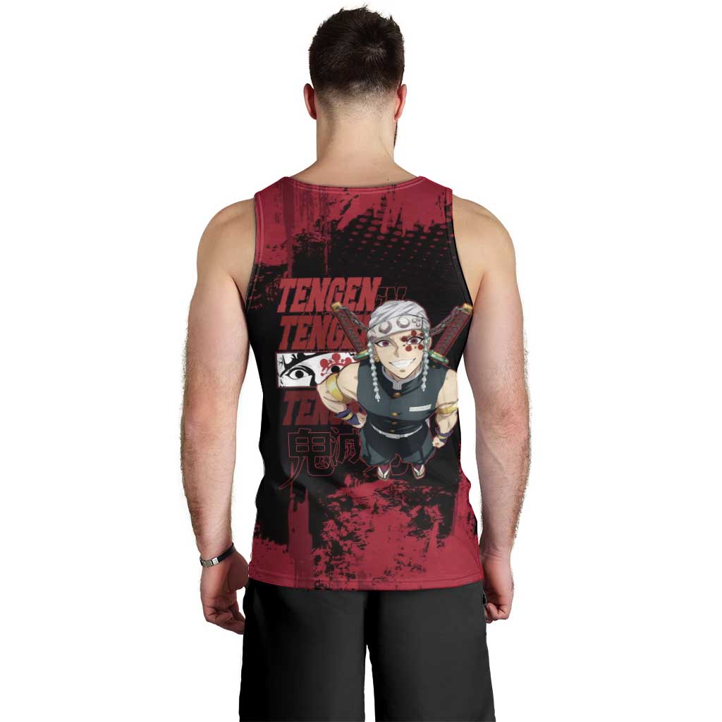 Tengen Uzui Demon Slayer Flashy Red Grunge Design Men Tank Top with Eye Detail and Dual Sword Pose - The Mazicc